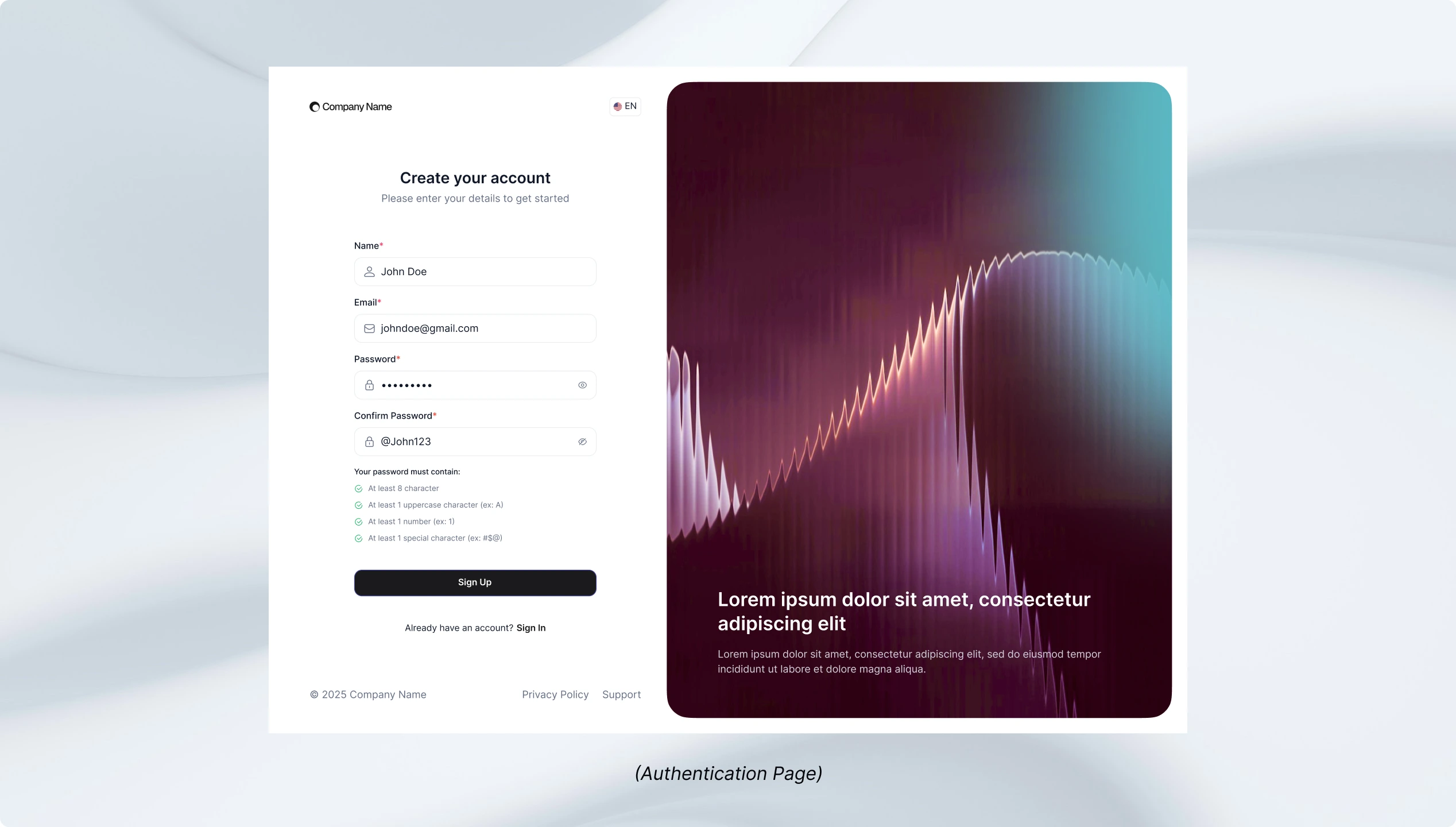 Final solution — authentication page template — 2